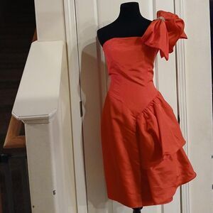 VTG 80s Red One Shoulder Sequin Bow Satin Asymmetrical Tier Dress USA Union Made